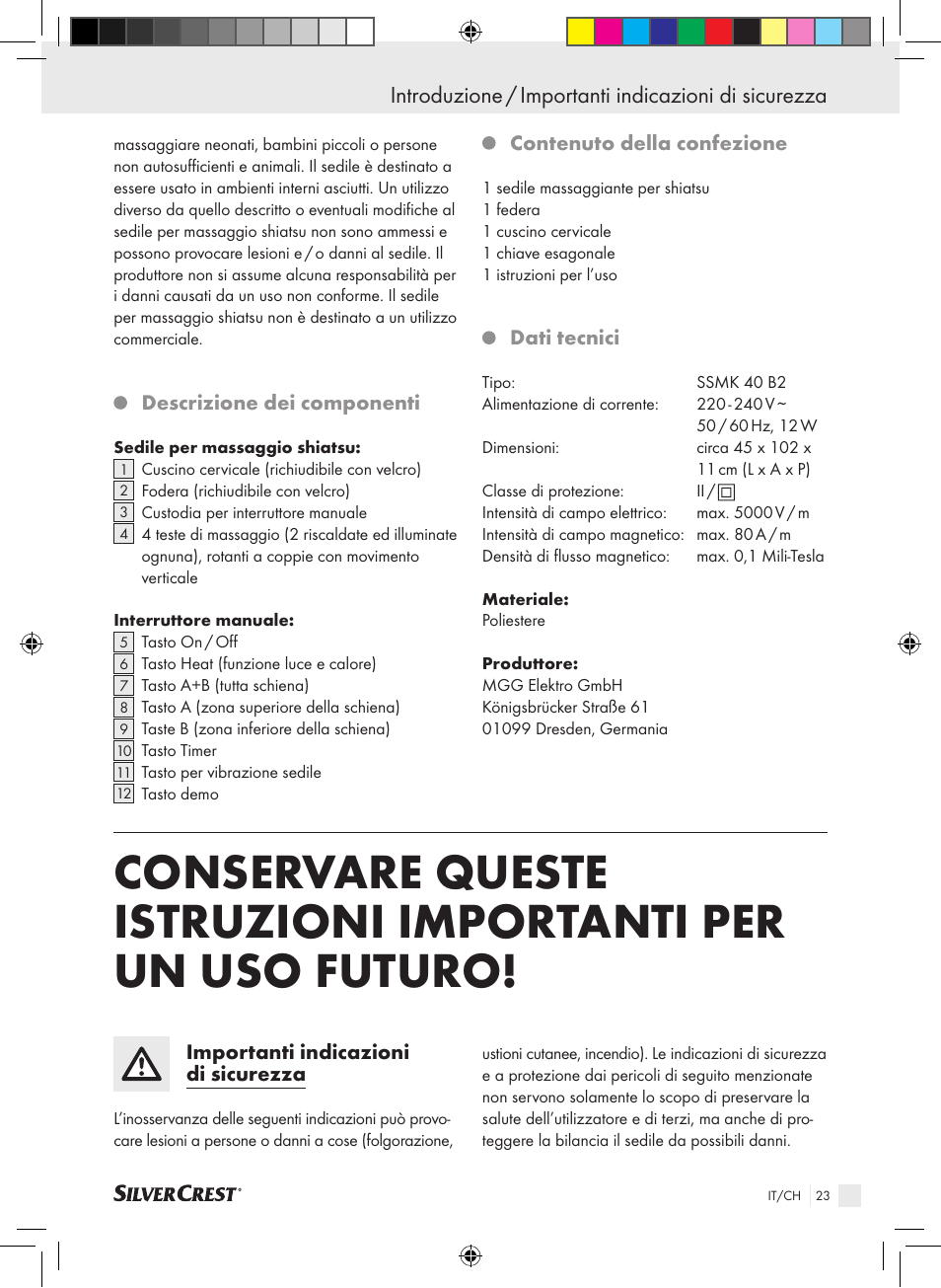 Introduzione / importanti indicazioni di sicurezza | Silvercrest SSMK 40 B2 User Manual | Page 23 / 45