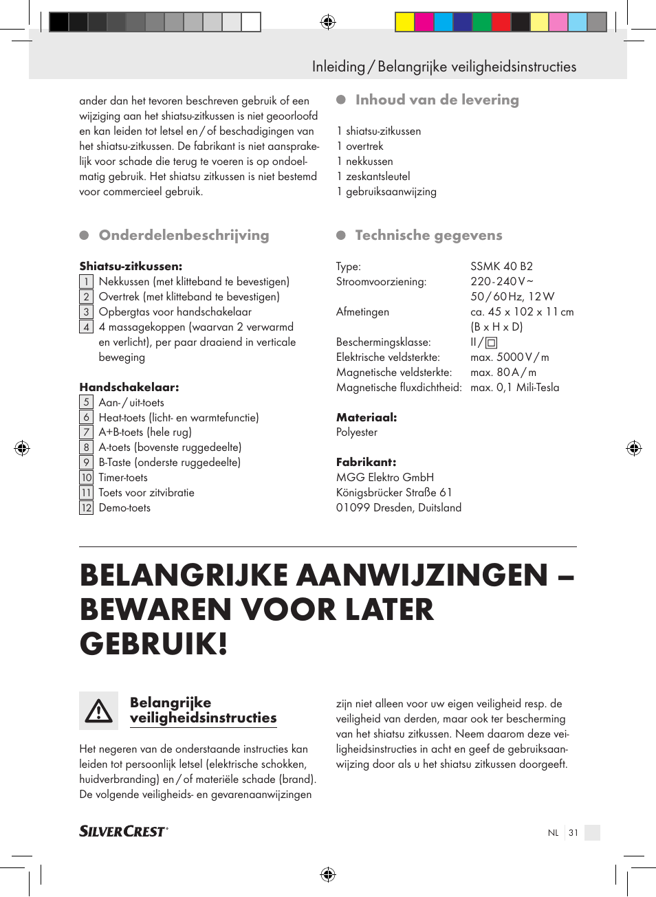 Inleiding / belangrijke veiligheidsinstructies | Silvercrest SSMK 40 B2 User Manual | Page 31 / 45