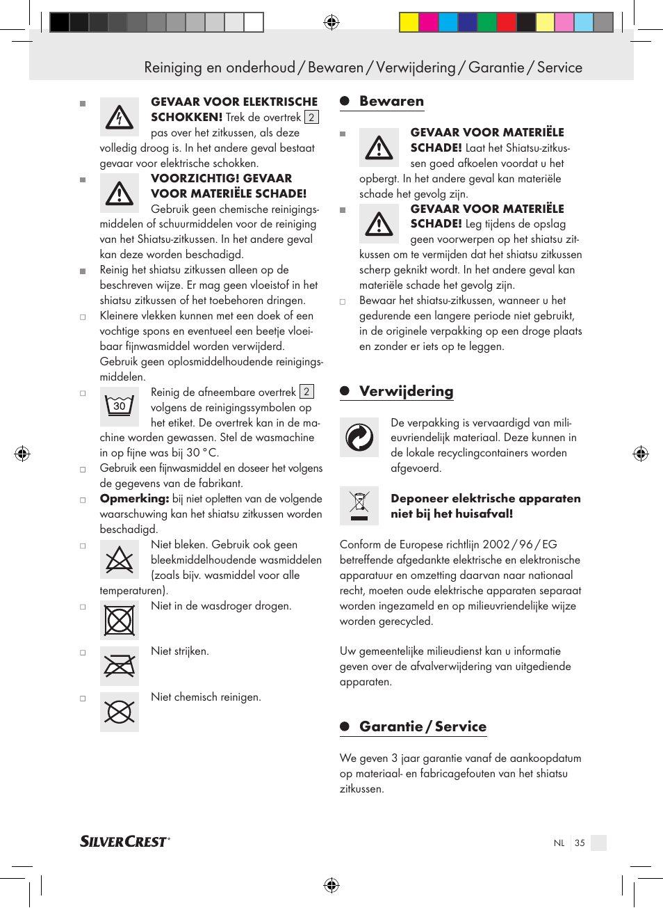 Bewaren, Verwijdering, Garantie / service | Silvercrest SSMK 40 B2 User Manual | Page 35 / 45