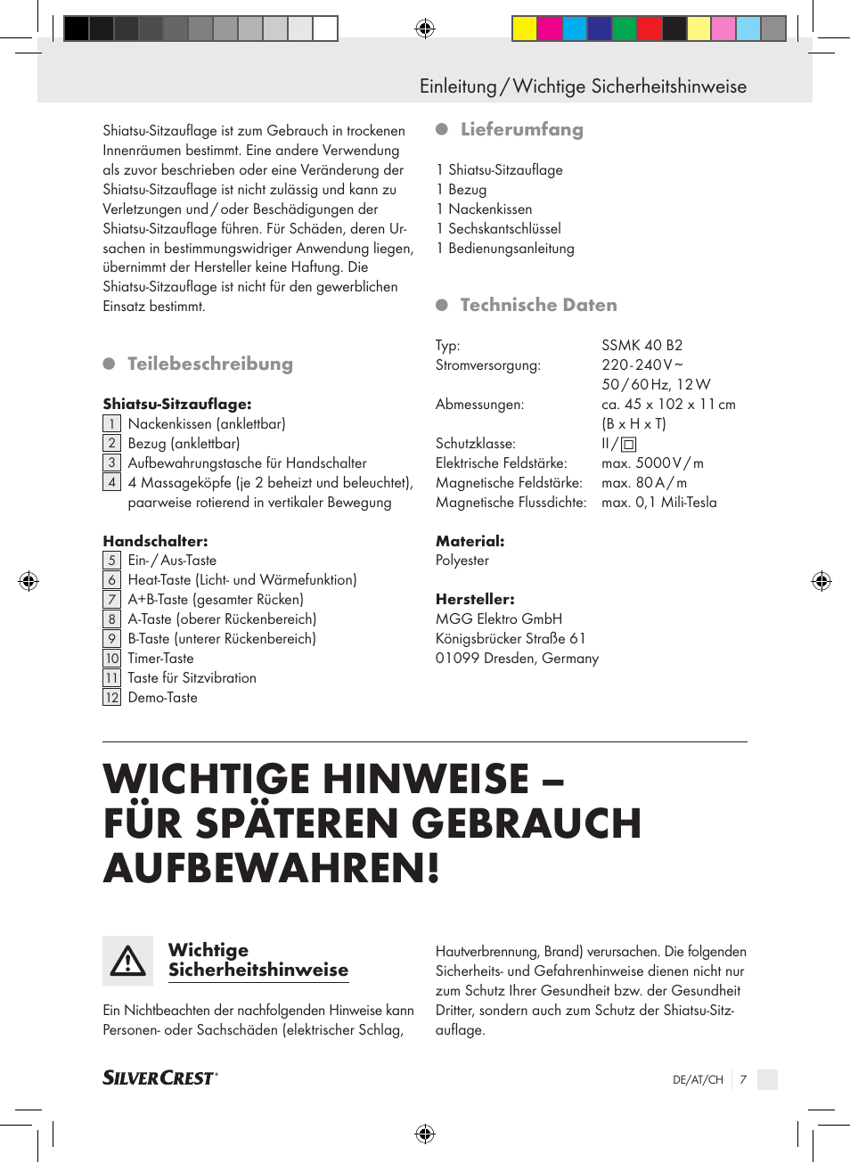 Einleitung / wichtige sicherheitshinweise | Silvercrest SSMK 40 B2 User Manual | Page 7 / 45