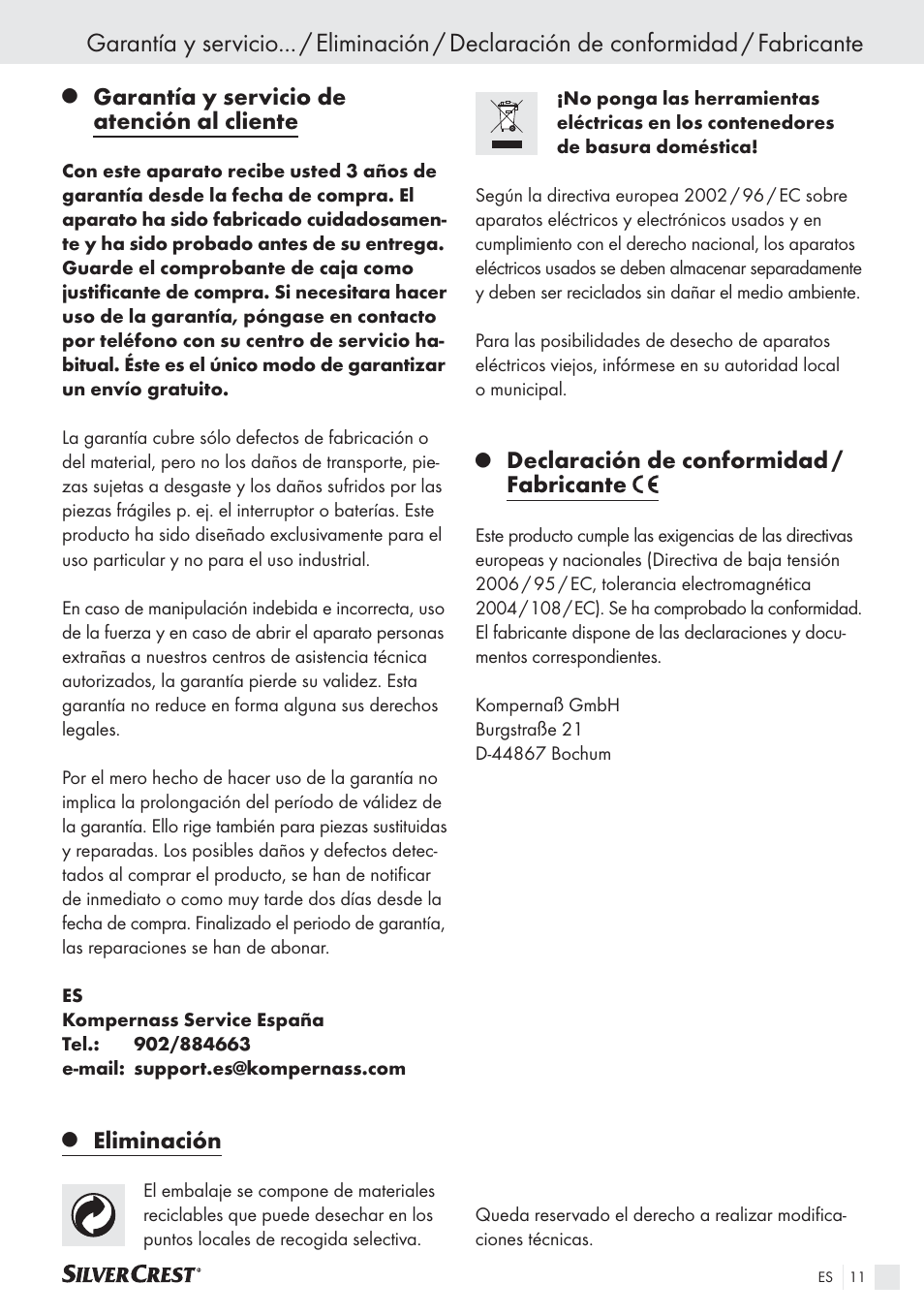 Garantía y servicio de atención al cliente, Eliminación, Declaración de conformidad / fabricante | Silvercrest SAS 150 A1 User Manual | Page 11 / 45