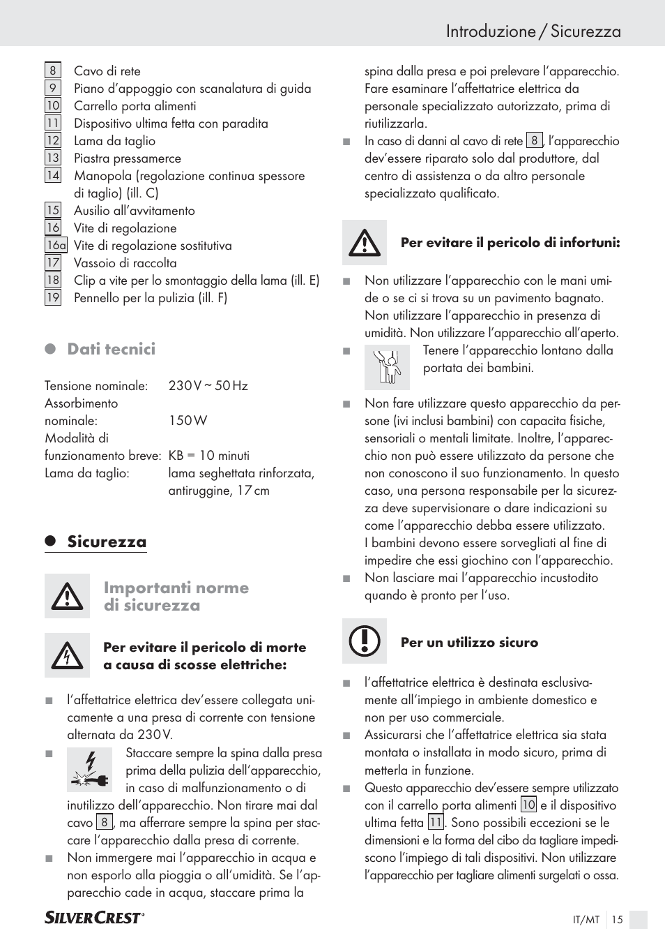 Introduzione / sicurezza, Dati tecnici, Sicurezza importanti norme di sicurezza | Silvercrest SAS 150 A1 User Manual | Page 15 / 45