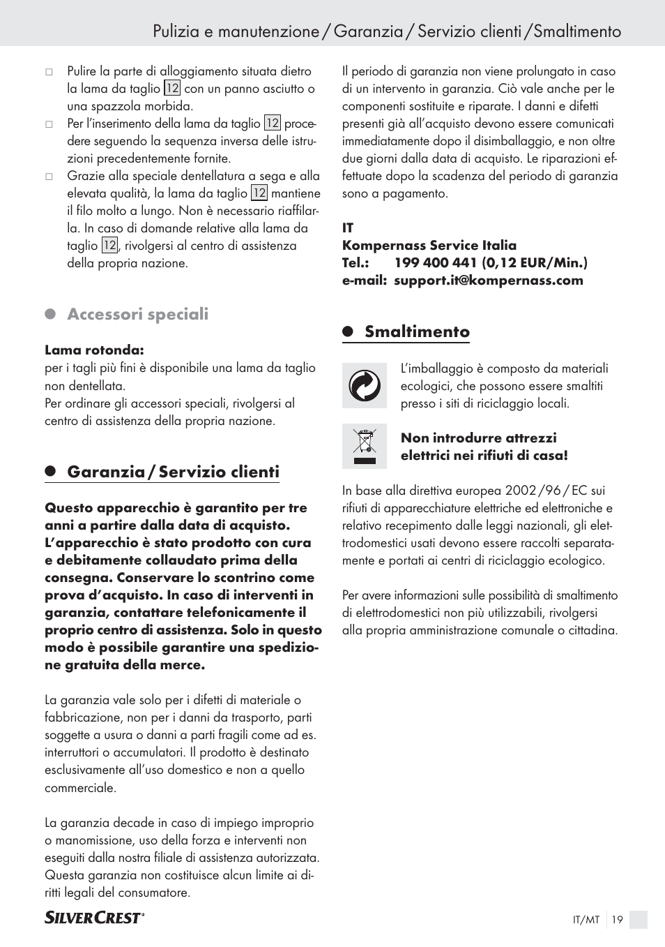 Accessori speciali, Garanzia / servizio clienti, Smaltimento | Silvercrest SAS 150 A1 User Manual | Page 19 / 45