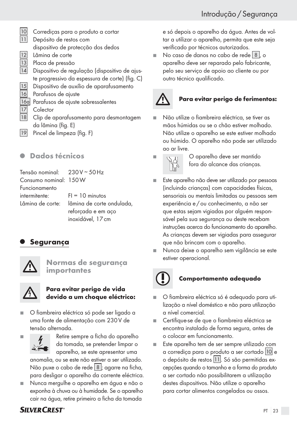 Introdução / segurança, Dados técnicos, Segurança normas de segurança importantes | Silvercrest SAS 150 A1 User Manual | Page 23 / 45