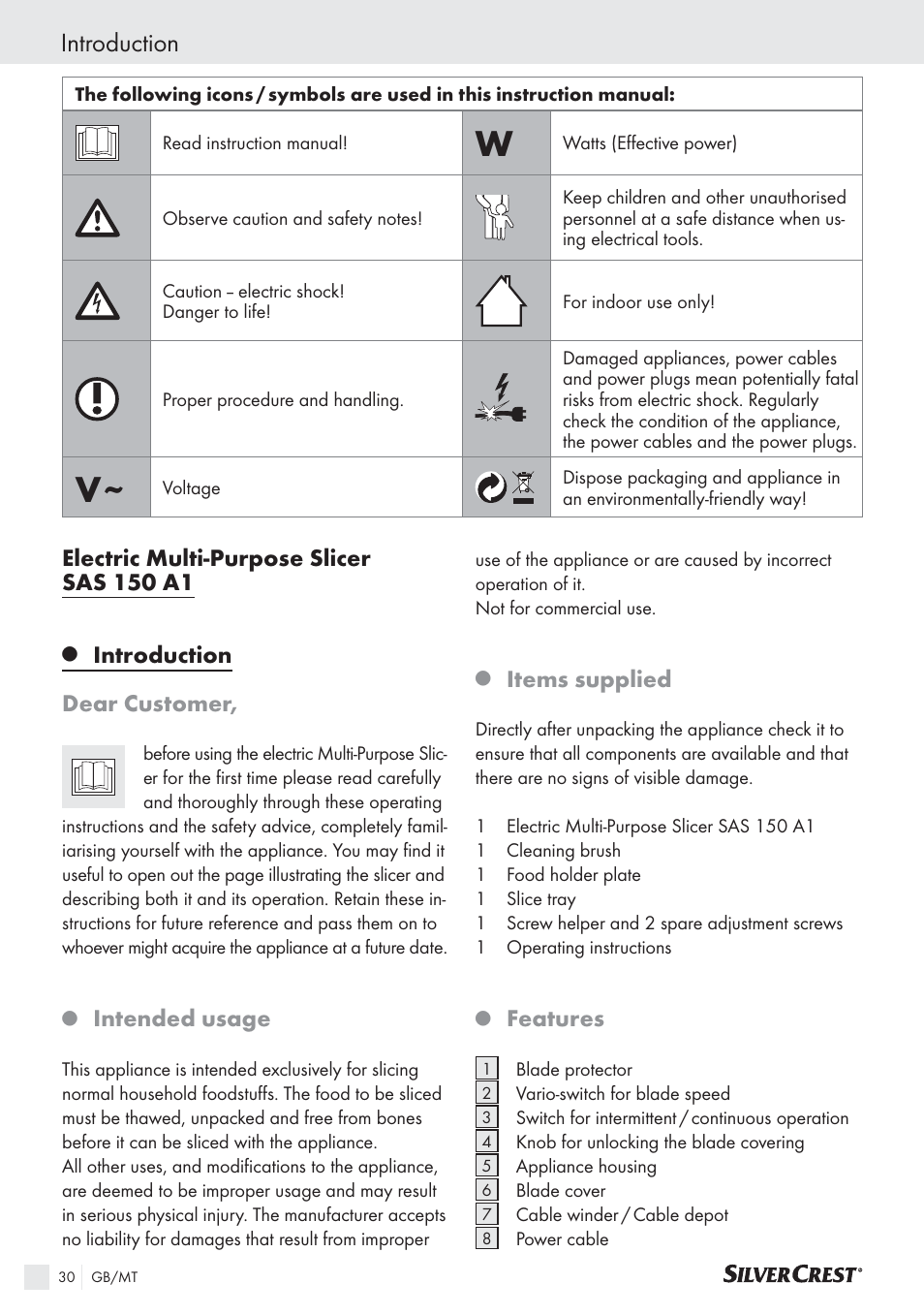 Introduction, Electric multi-purpose slicer sas 150 a1, Introduction dear customer | Intended usage, Items supplied, Features | Silvercrest SAS 150 A1 User Manual | Page 30 / 45