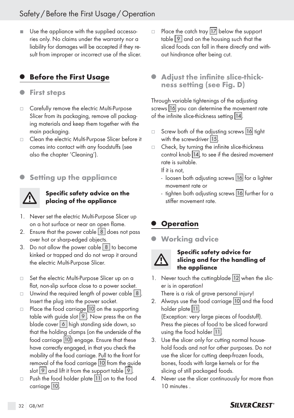 Safety / before the first usage / operation, Before the first usage, First steps | Setting up the appliance, Operation, Working advice | Silvercrest SAS 150 A1 User Manual | Page 32 / 45