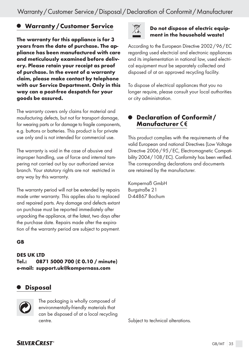 Warranty / customer service, Disposal, Declaration of conformit / manufacturer | Silvercrest SAS 150 A1 User Manual | Page 35 / 45
