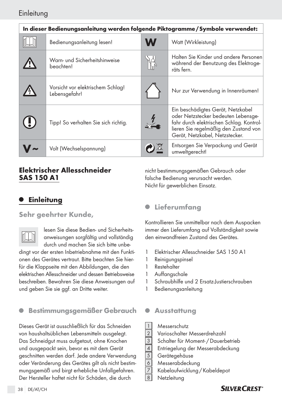 Einleitung, Elektrischer allesschneider sas 150 a1, Einleitung sehr geehrter kunde | Bestimmungsgemäßer gebrauch, Lieferumfang, Ausstattung | Silvercrest SAS 150 A1 User Manual | Page 38 / 45