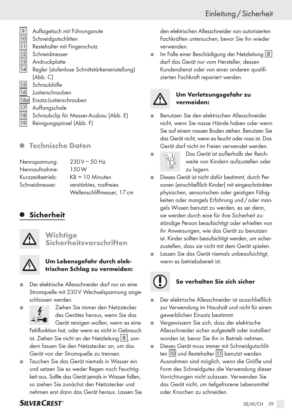 Einleitung / sicherheit, Technische daten, Sicherheit wichtige sicherheitsvorschriften | Silvercrest SAS 150 A1 User Manual | Page 39 / 45