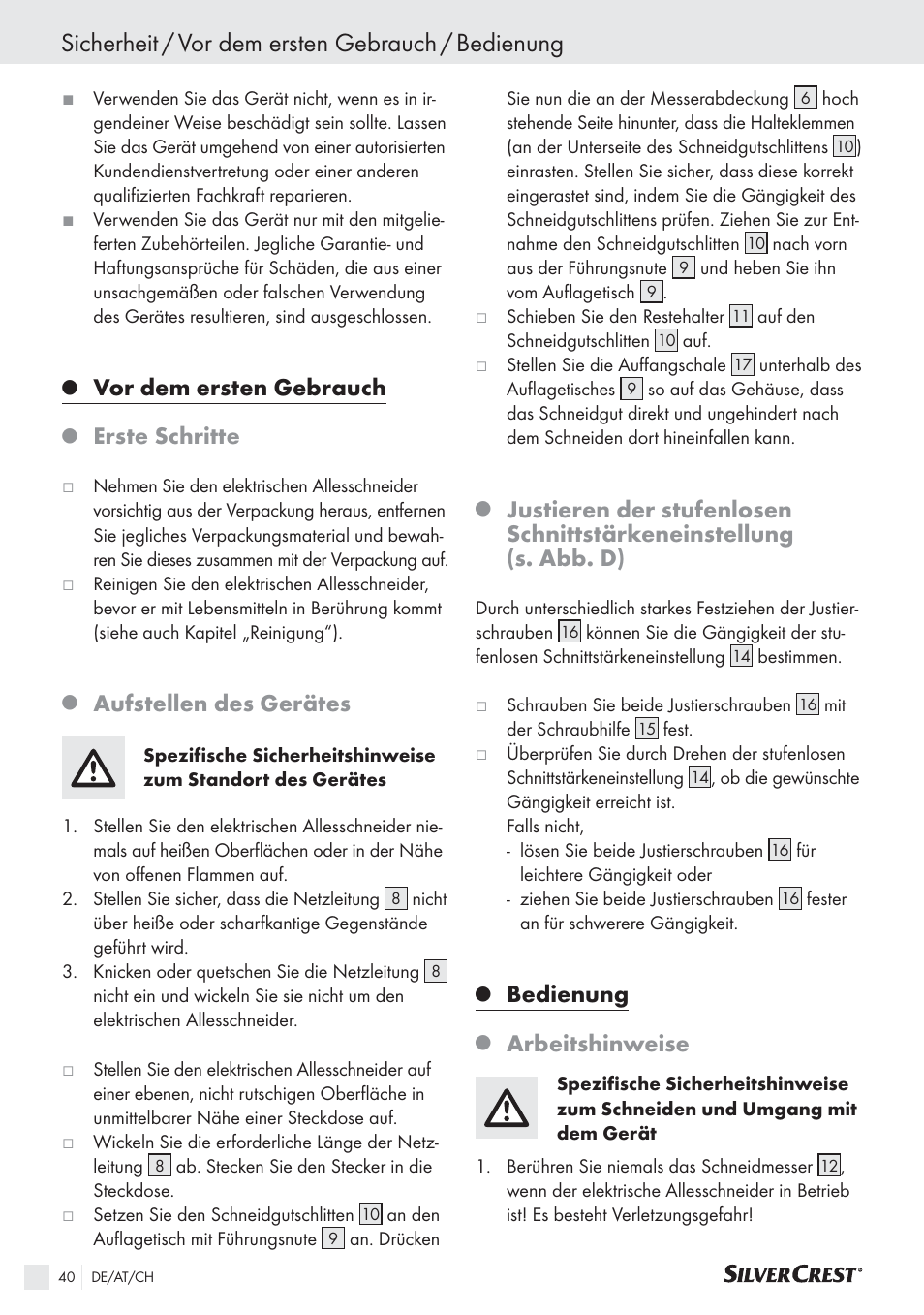 Sicherheit / vor dem ersten gebrauch / bedienung, Vor dem ersten gebrauch, Erste schritte | Aufstellen des gerätes, Bedienung, Arbeitshinweise | Silvercrest SAS 150 A1 User Manual | Page 40 / 45