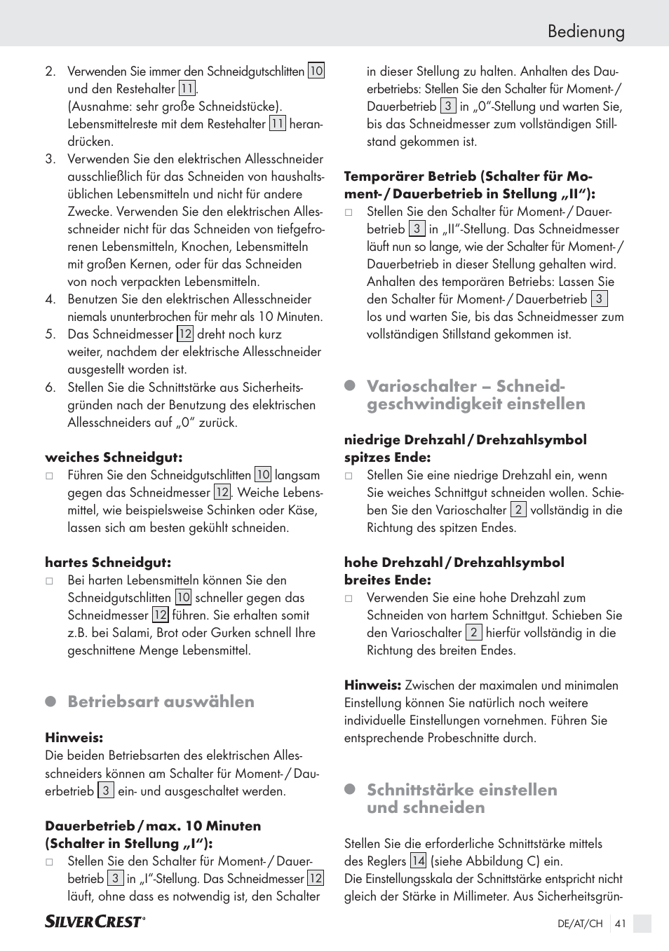 Bedienung, Betriebsart auswählen, Schnittstärke einstellen und schneiden | Silvercrest SAS 150 A1 User Manual | Page 41 / 45