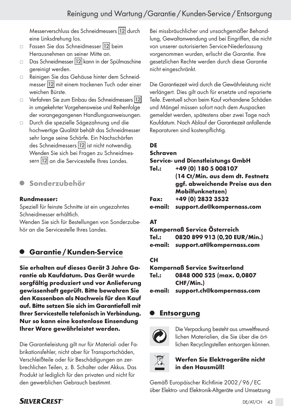 Sonderzubehör, Garantie / kunden-service, Entsorgung | Silvercrest SAS 150 A1 User Manual | Page 43 / 45