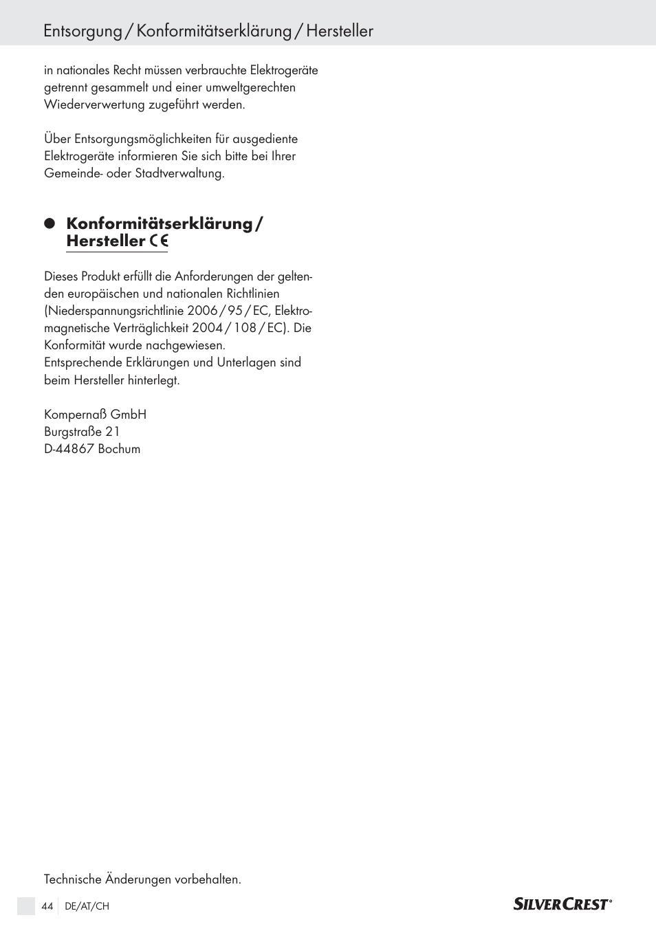 Entsorgung / konformitätserklärung / hersteller, Konformitätserklärung / hersteller | Silvercrest SAS 150 A1 User Manual | Page 44 / 45