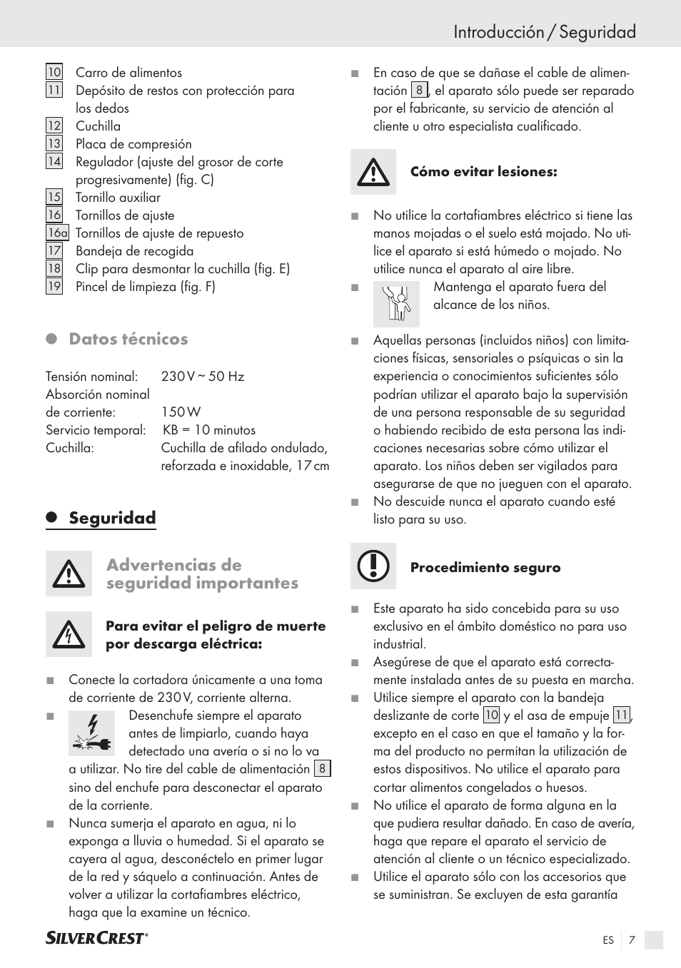 Introducción / seguridad, Datos técnicos, Seguridad advertencias de seguridad importantes | Silvercrest SAS 150 A1 User Manual | Page 7 / 45