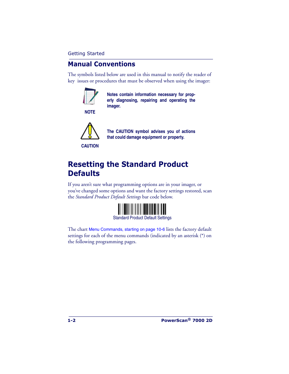 Resetting the standard product defaults, Manual conventions | Datalogic Scanning POWERSCAN 7000 User Manual | Page 10 / 204