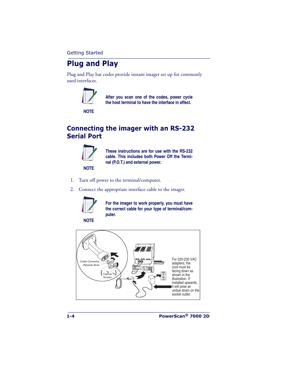 Plug and play, Connecting the imager with an rs-232 serial port | Datalogic Scanning POWERSCAN 7000 User Manual | Page 12 / 204