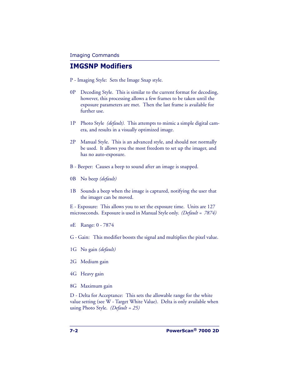 Imgsnp modifiers | Datalogic Scanning POWERSCAN 7000 User Manual | Page 120 / 204