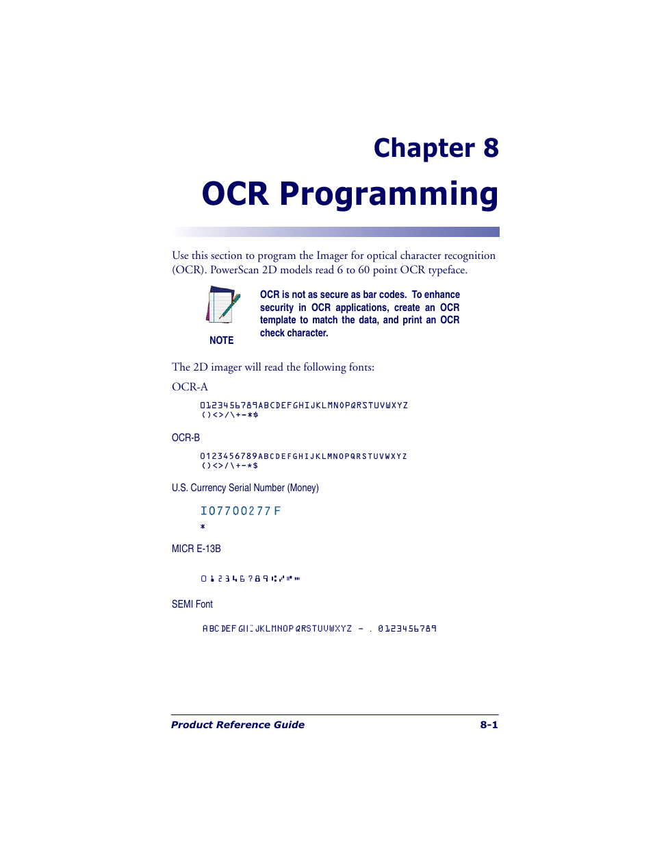 Ocr programming, Chapter 8 | Datalogic Scanning POWERSCAN 7000 User Manual | Page 131 / 204