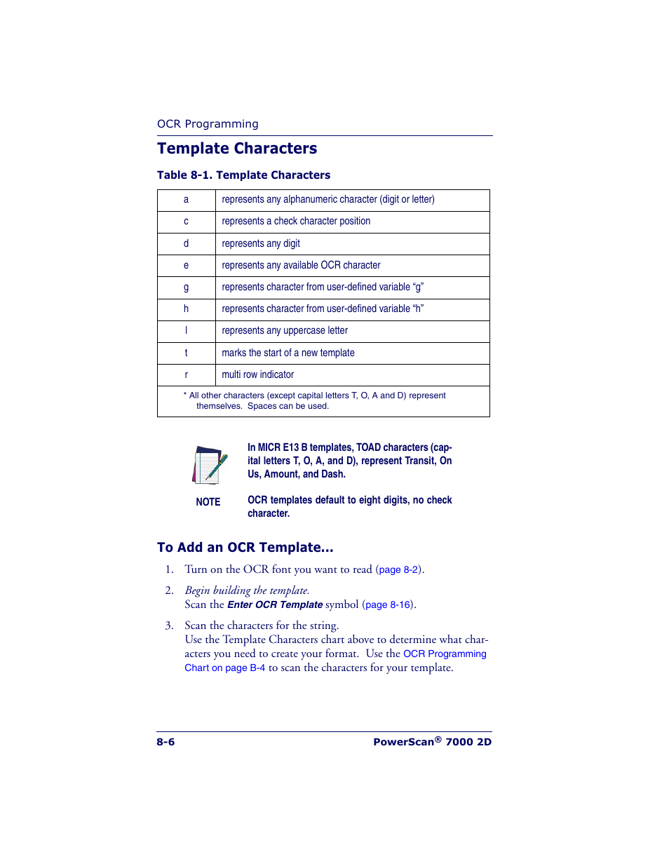 Template characters | Datalogic Scanning POWERSCAN 7000 User Manual | Page 136 / 204