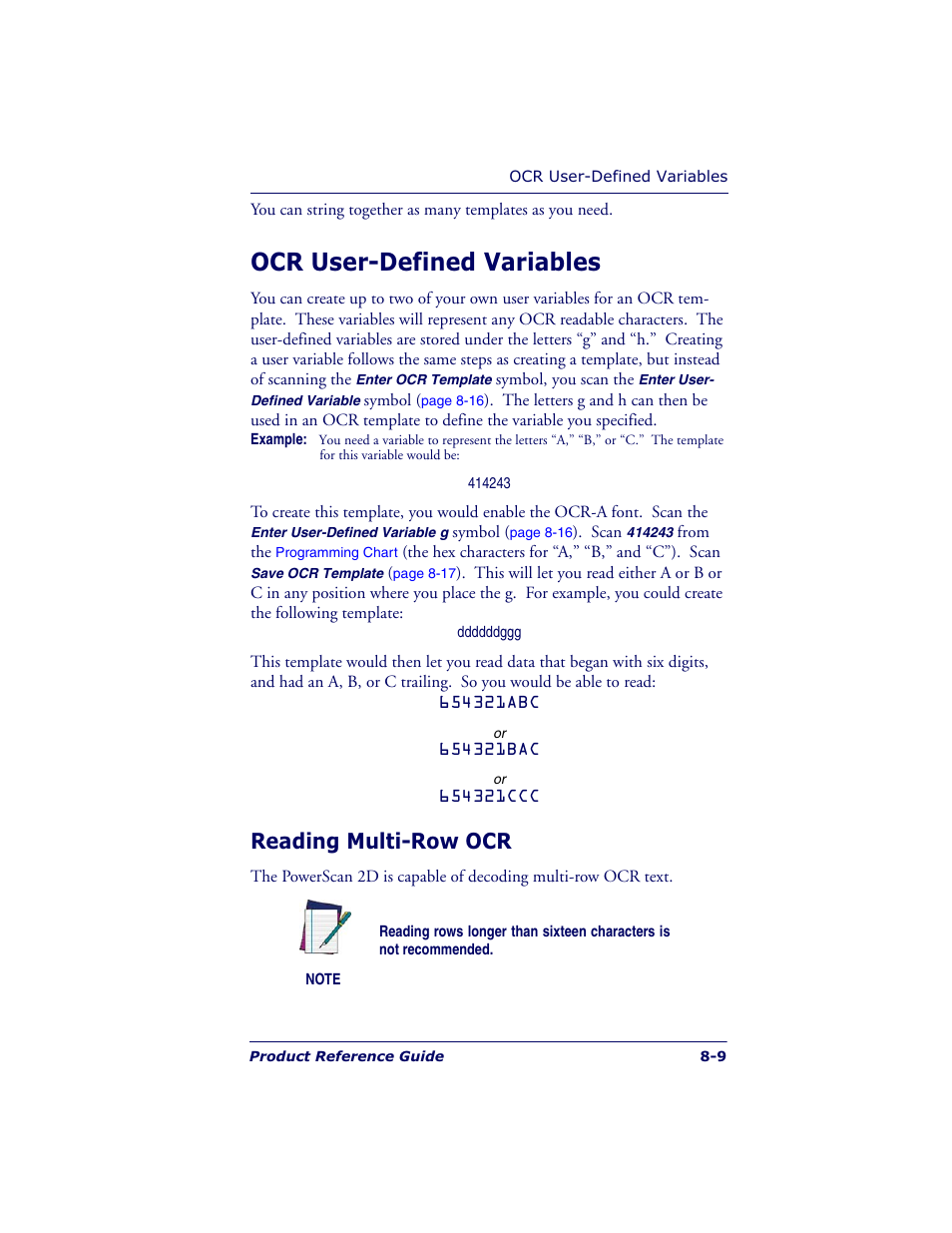 Ocr user-defined variables, Reading multi-row ocr | Datalogic Scanning POWERSCAN 7000 User Manual | Page 139 / 204