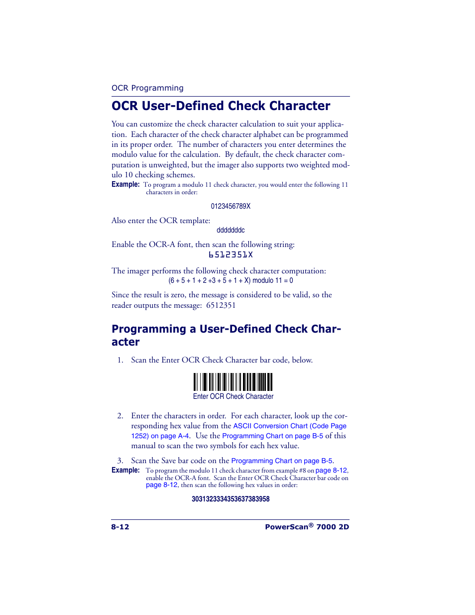 Ocr user-defined check character, Programming a user-defined check char- acter | Datalogic Scanning POWERSCAN 7000 User Manual | Page 142 / 204