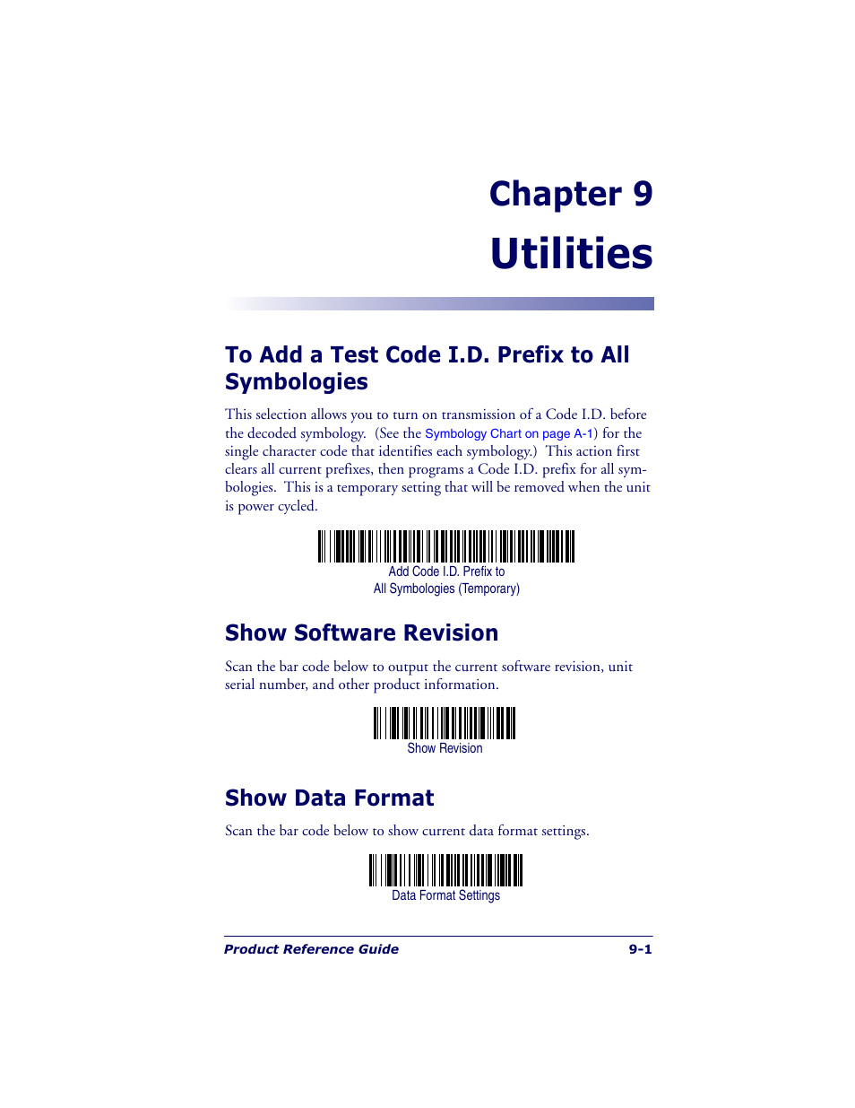 Utilities, Chapter 9, Show software revision | Show data format | Datalogic Scanning POWERSCAN 7000 User Manual | Page 149 / 204