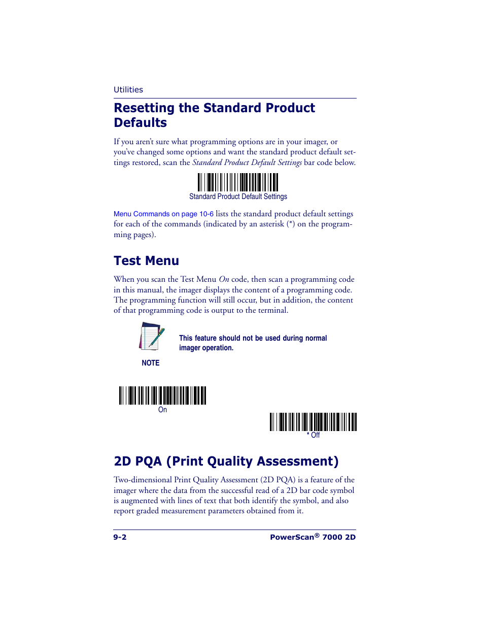 Resetting the standard product defaults, Test menu, 2d pqa (print quality assessment) | Datalogic Scanning POWERSCAN 7000 User Manual | Page 150 / 204