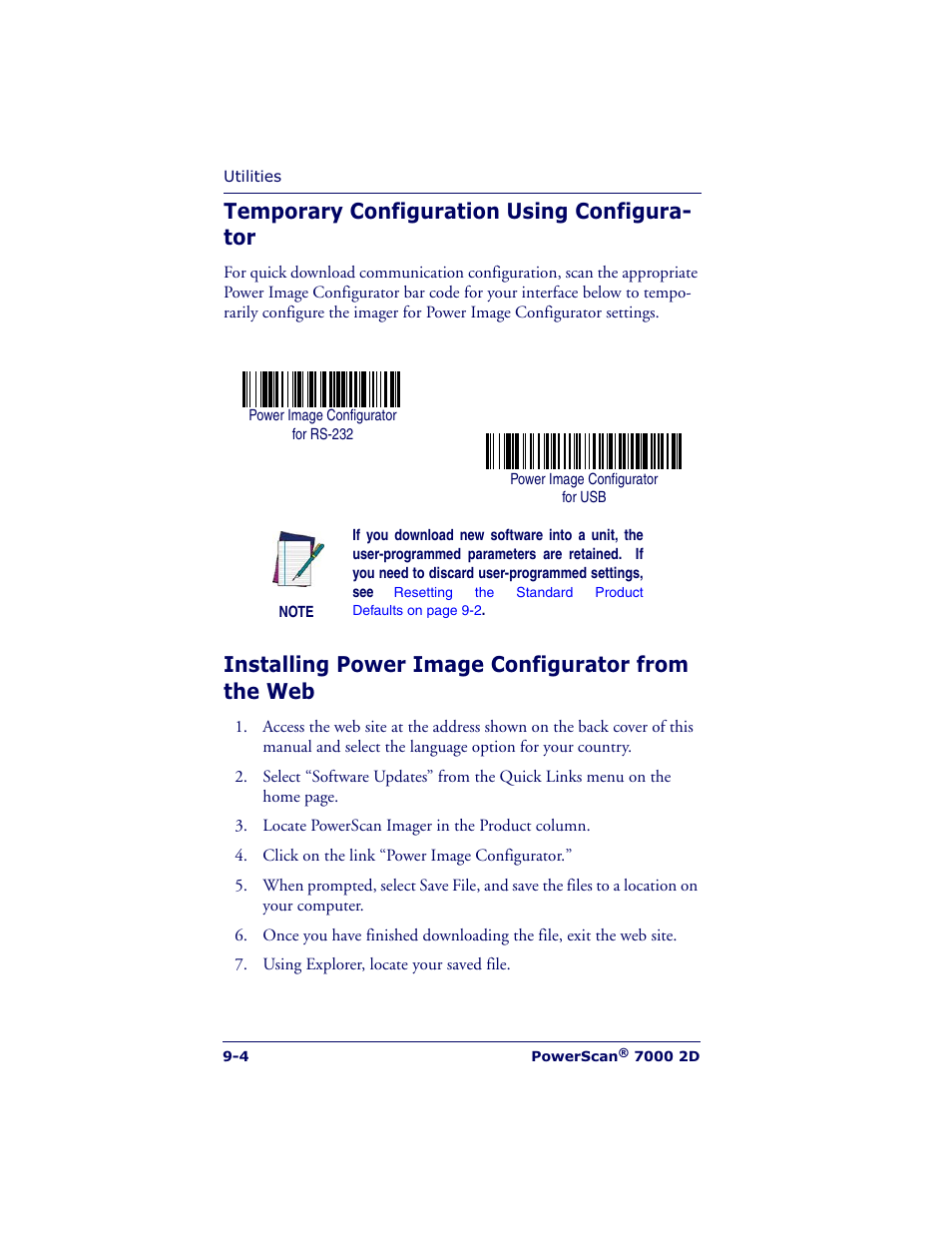 Temporary configuration using configura- tor, Installing power image configurator from the web | Datalogic Scanning POWERSCAN 7000 User Manual | Page 152 / 204