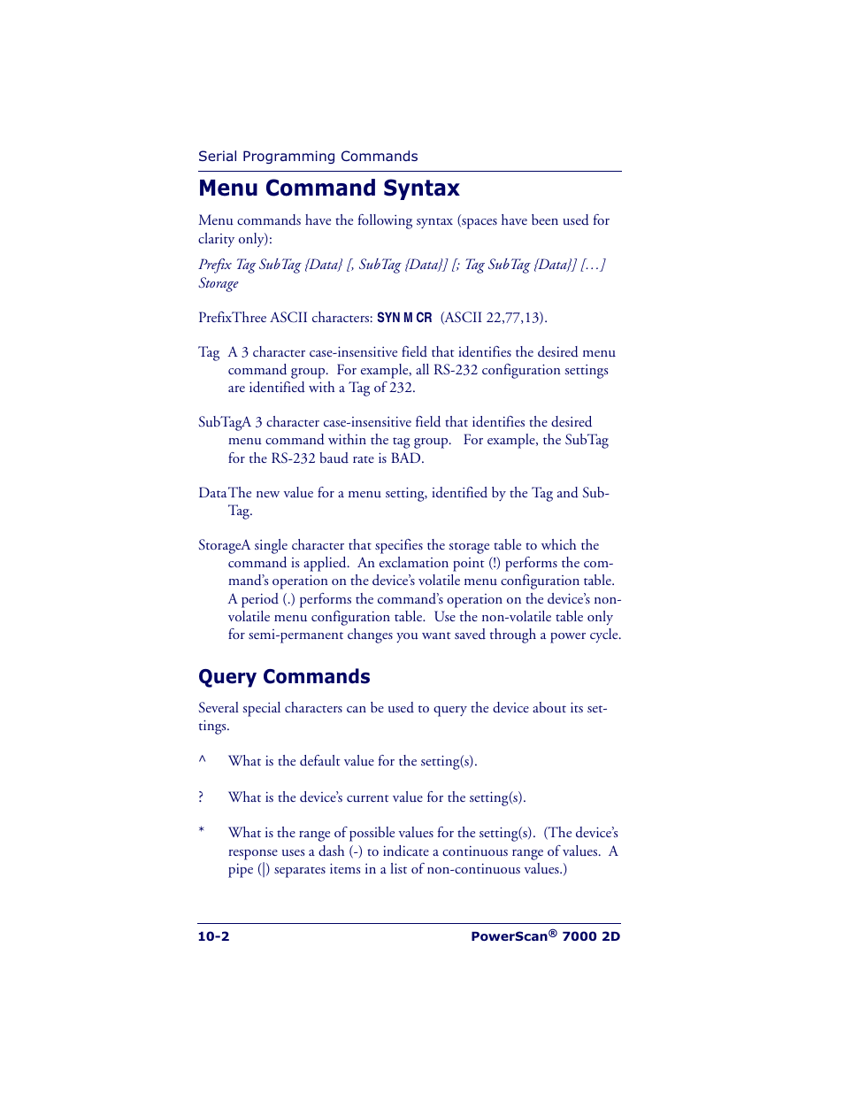 Menu command syntax, Query commands | Datalogic Scanning POWERSCAN 7000 User Manual | Page 156 / 204