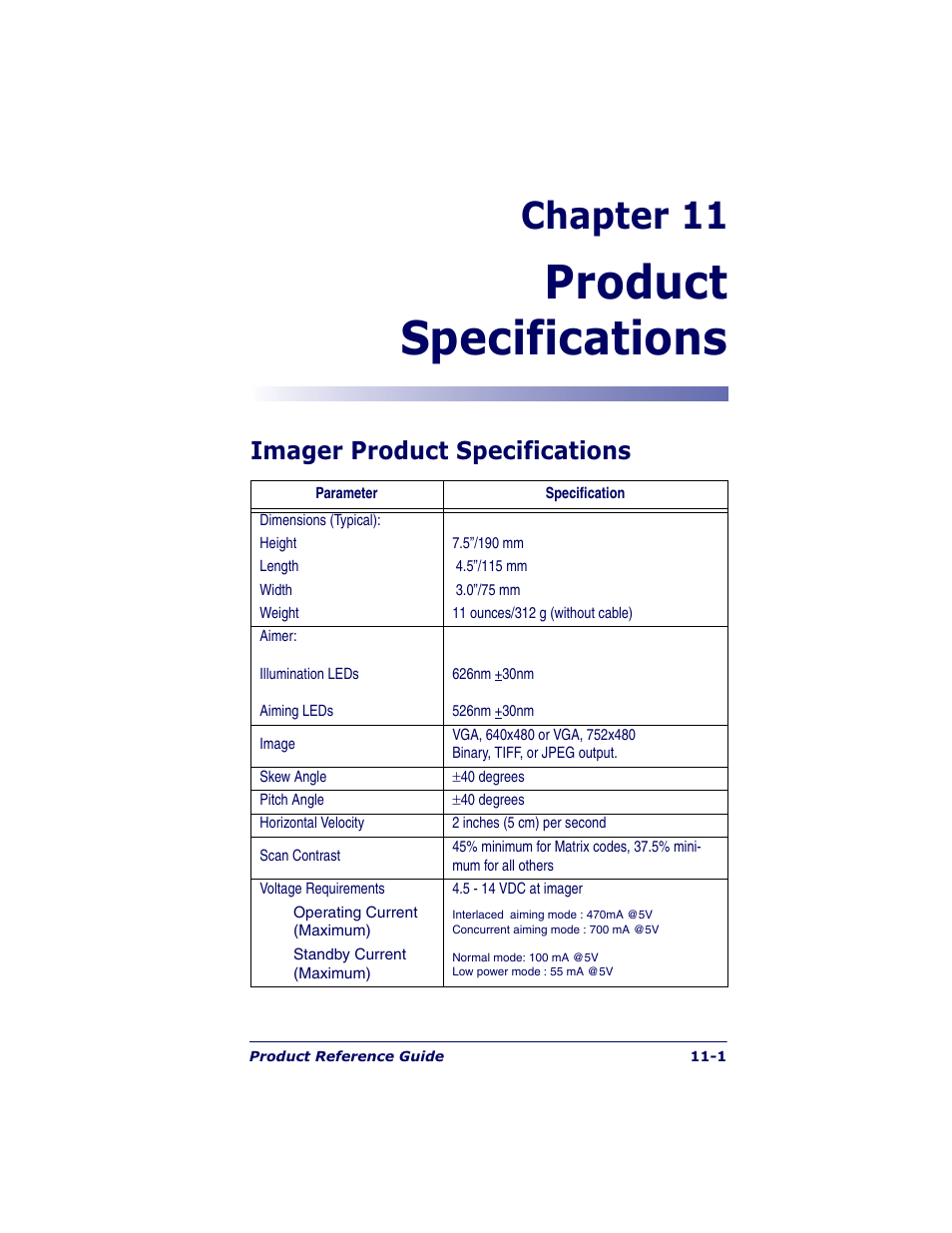 Product specifications, Chapter 11, Imager product specifications | Datalogic Scanning POWERSCAN 7000 User Manual | Page 183 / 204
