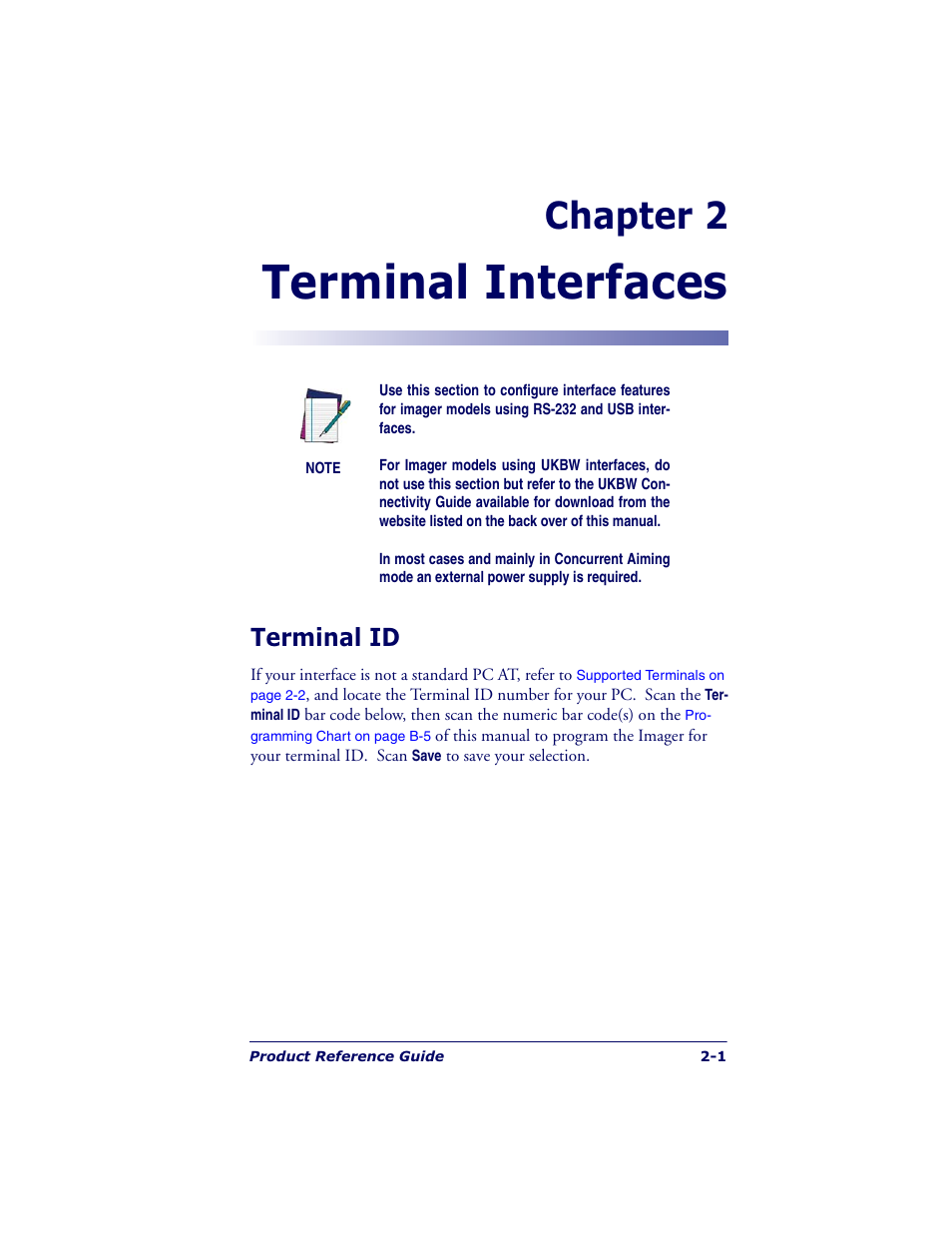 Terminal interfaces, Chapter 2, Terminal id | Datalogic Scanning POWERSCAN 7000 User Manual | Page 19 / 204
