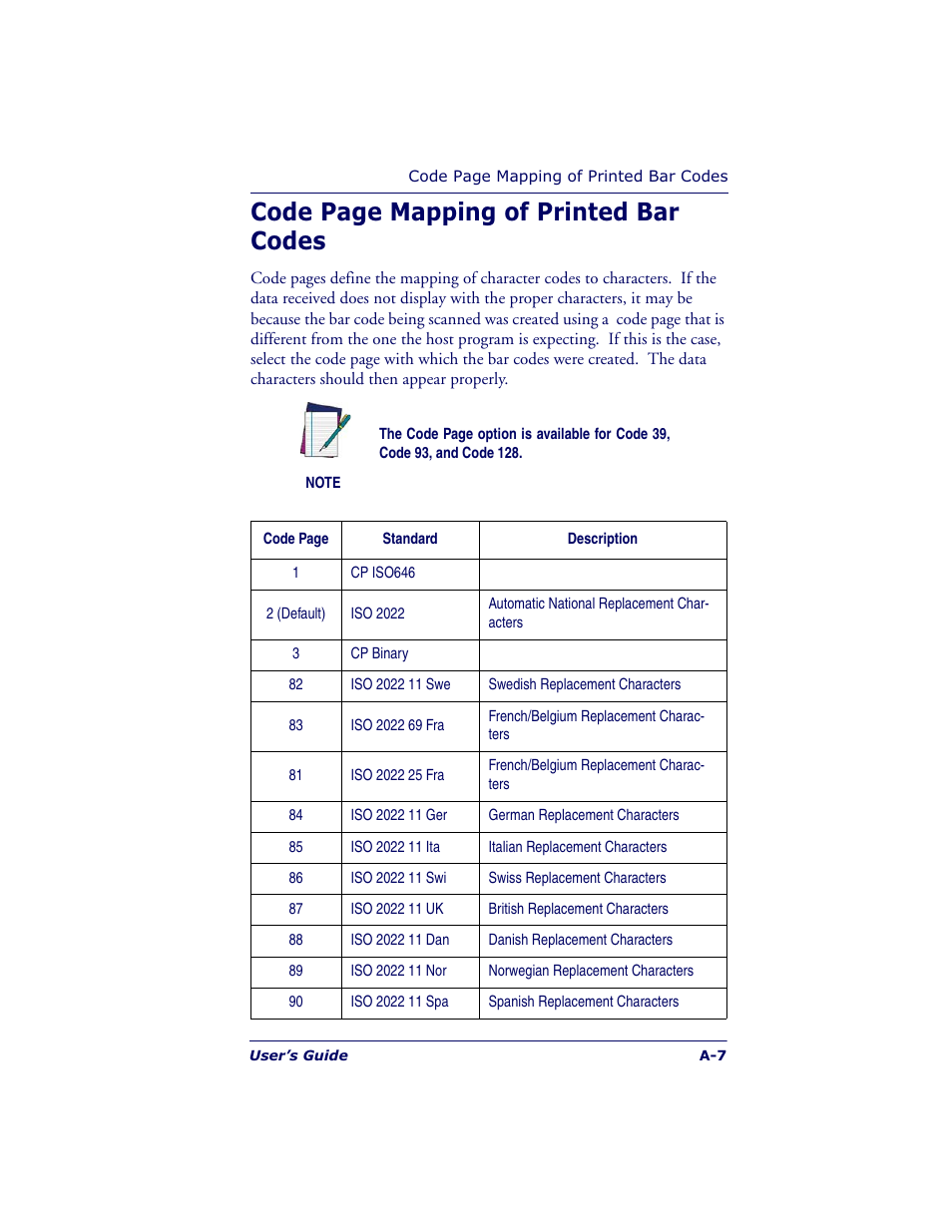 Code page mapping of printed bar codes | Datalogic Scanning POWERSCAN 7000 User Manual | Page 193 / 204
