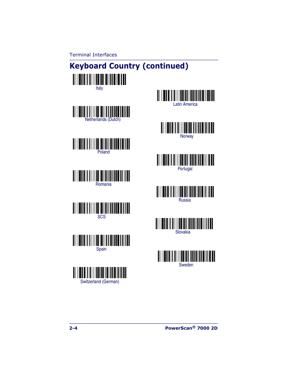 Keyboard country (continued) | Datalogic Scanning POWERSCAN 7000 User Manual | Page 22 / 204