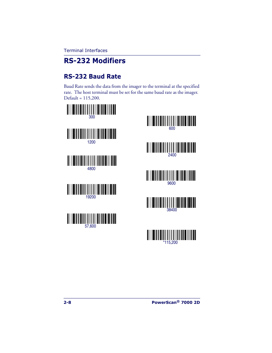 Rs-232 modifiers, Rs-232 baud rate | Datalogic Scanning POWERSCAN 7000 User Manual | Page 26 / 204