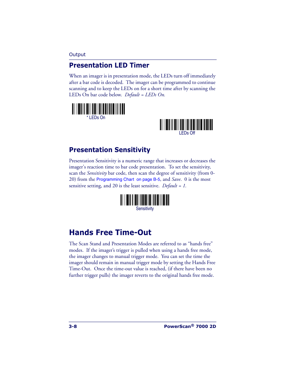 Hands free time-out, Presentation led timer, Presentation sensitivity | Datalogic Scanning POWERSCAN 7000 User Manual | Page 38 / 204