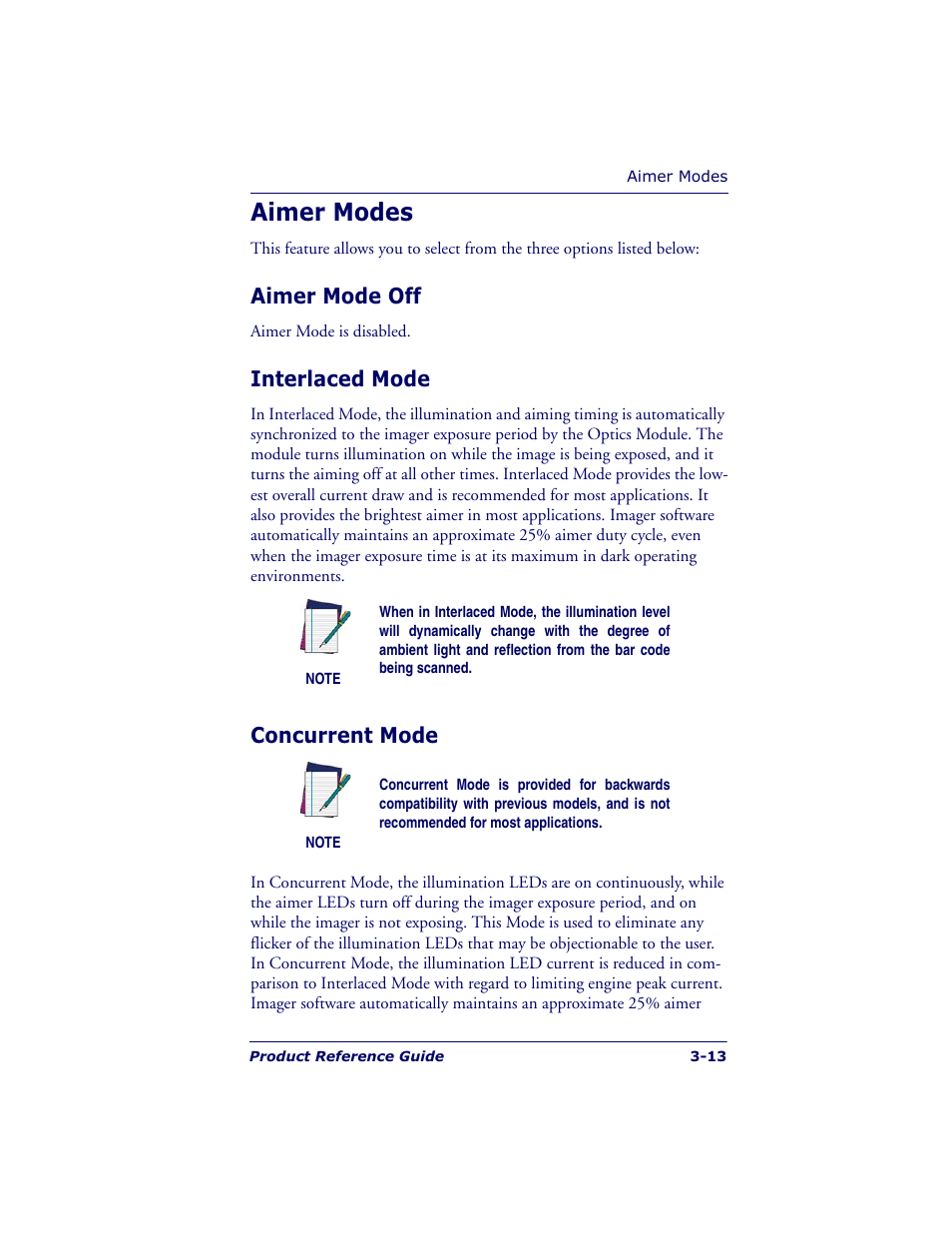 Aimer modes, Aimer mode off, Interlaced mode | Concurrent mode | Datalogic Scanning POWERSCAN 7000 User Manual | Page 43 / 204