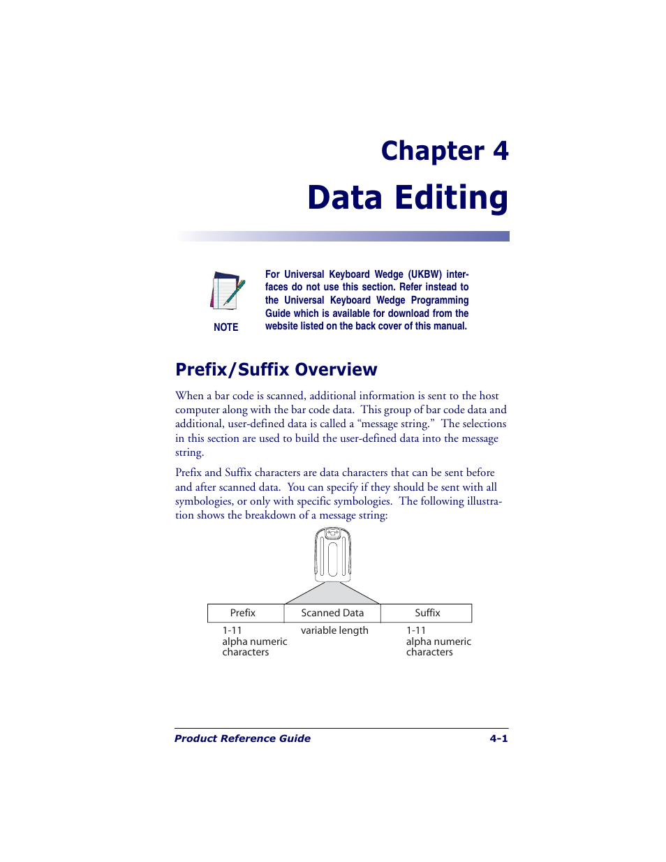 Data editing, Chapter 4, Prefix/suffix overview | Datalogic Scanning POWERSCAN 7000 User Manual | Page 55 / 204