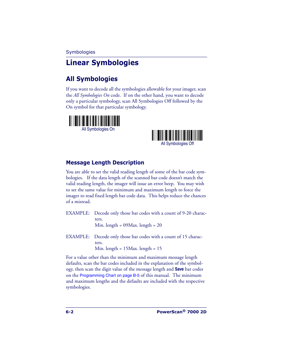 Linear symbologies, All symbologies | Datalogic Scanning POWERSCAN 7000 User Manual | Page 70 / 204