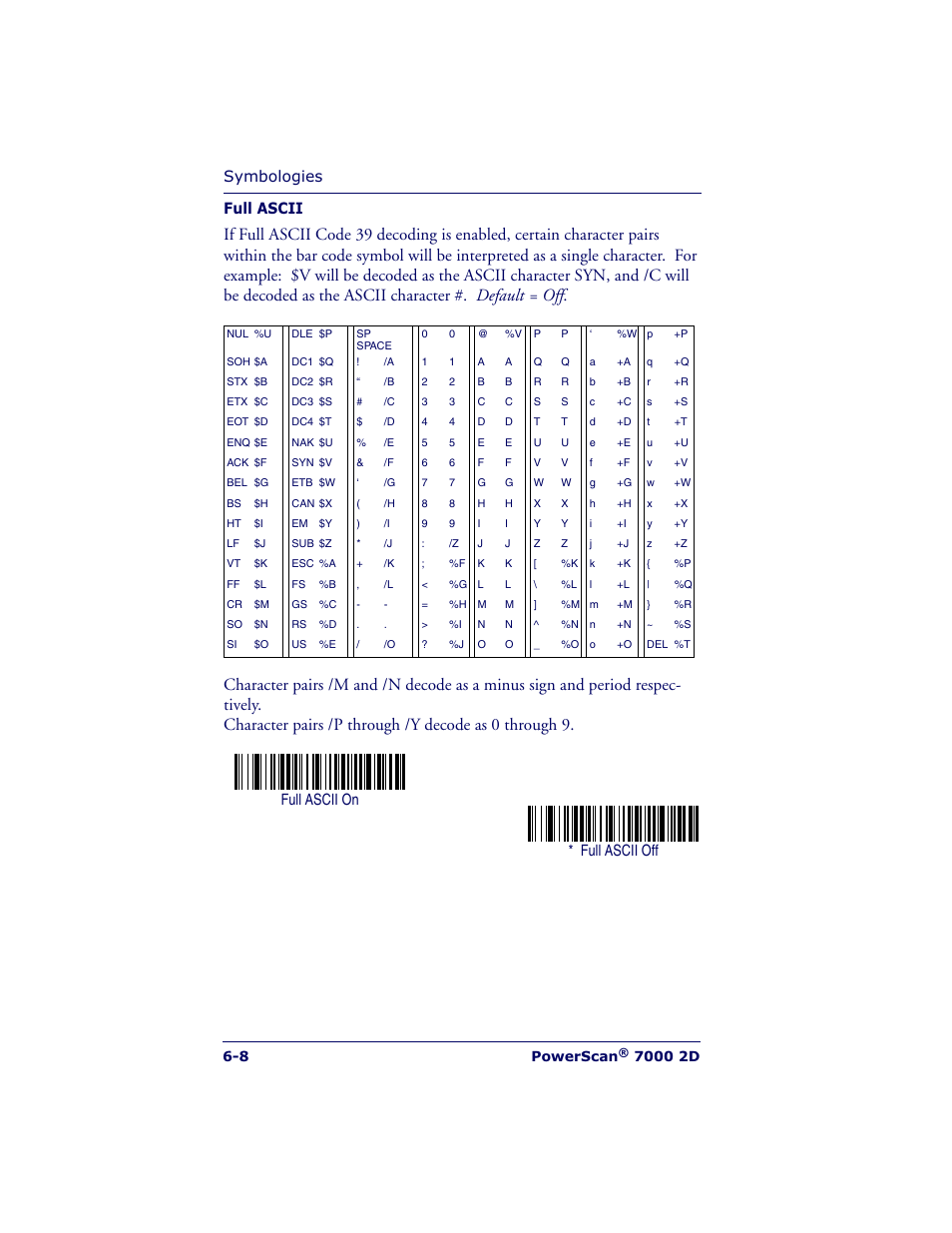 Symbologies, Full ascii, Full ascii off full ascii on | 8 powerscan | Datalogic Scanning POWERSCAN 7000 User Manual | Page 76 / 204