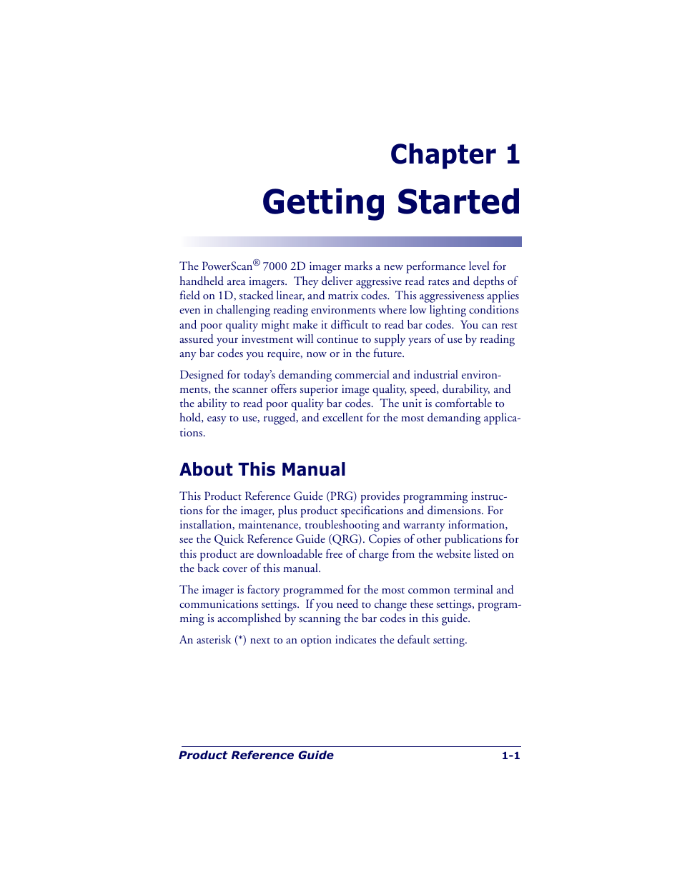 Getting started, Chapter 1 | Datalogic Scanning POWERSCAN 7000 User Manual | Page 9 / 204