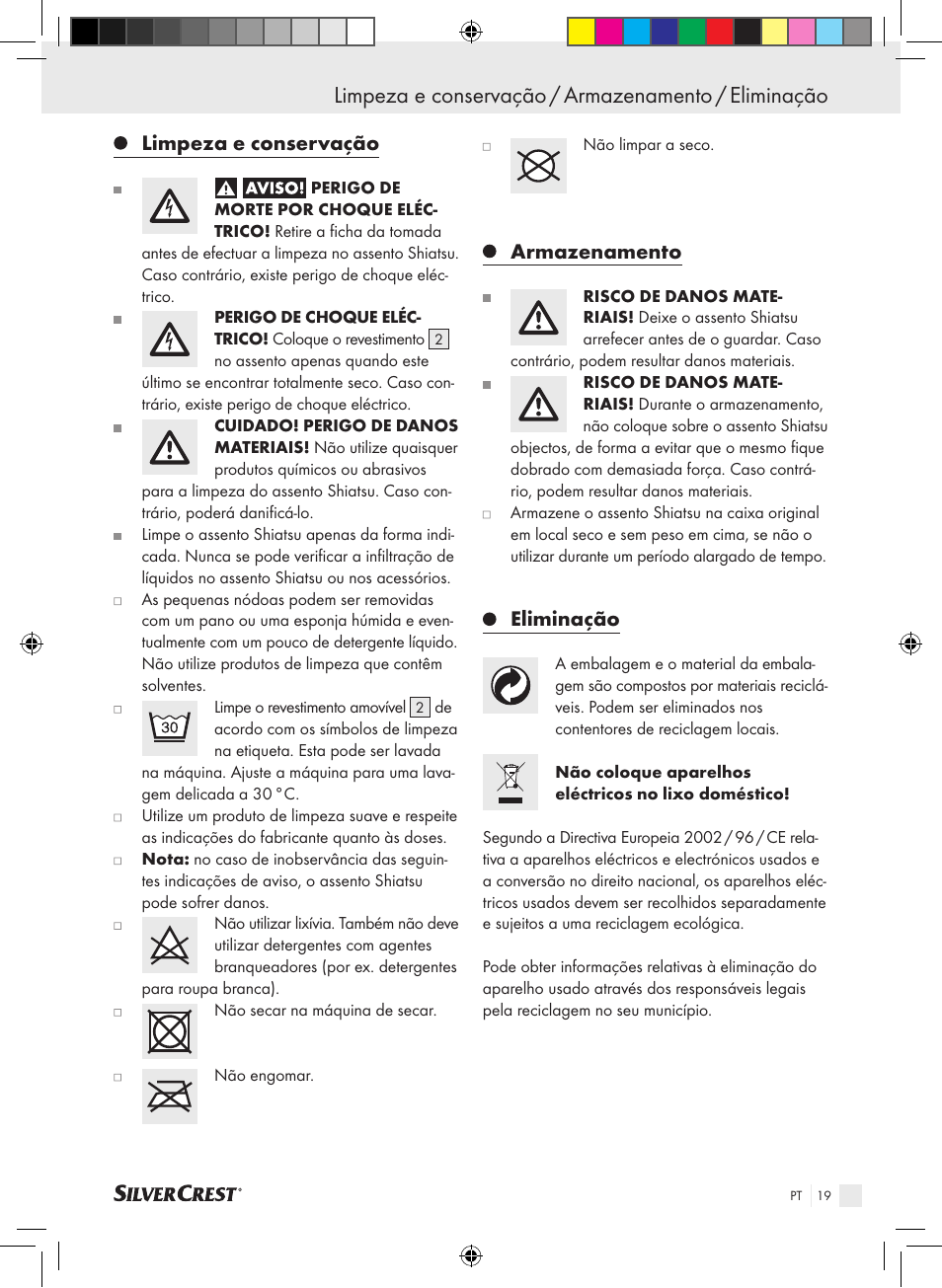 Limpeza e conservação / armazenamento / eliminação, Limpeza e conservação, Armazenamento | Eliminação | Silvercrest SSMK 40 B2 User Manual | Page 19 / 37