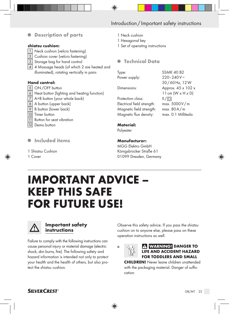 Important advice – keep this safe for future use, Introduction / important safety instructions | Silvercrest SSMK 40 B2 User Manual | Page 23 / 37