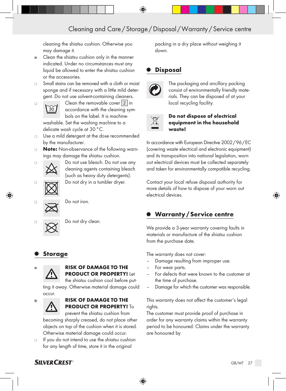 Storage, Disposal, Warranty / service centre | Silvercrest SSMK 40 B2 User Manual | Page 27 / 37
