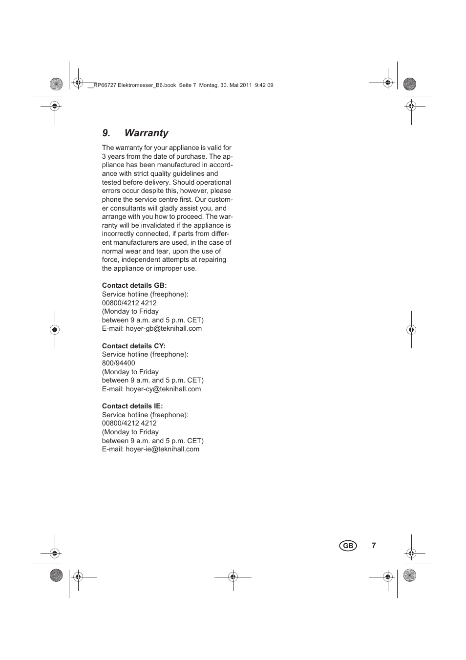 Warranty | Silvercrest SEM 250 A1 User Manual | Page 9 / 10