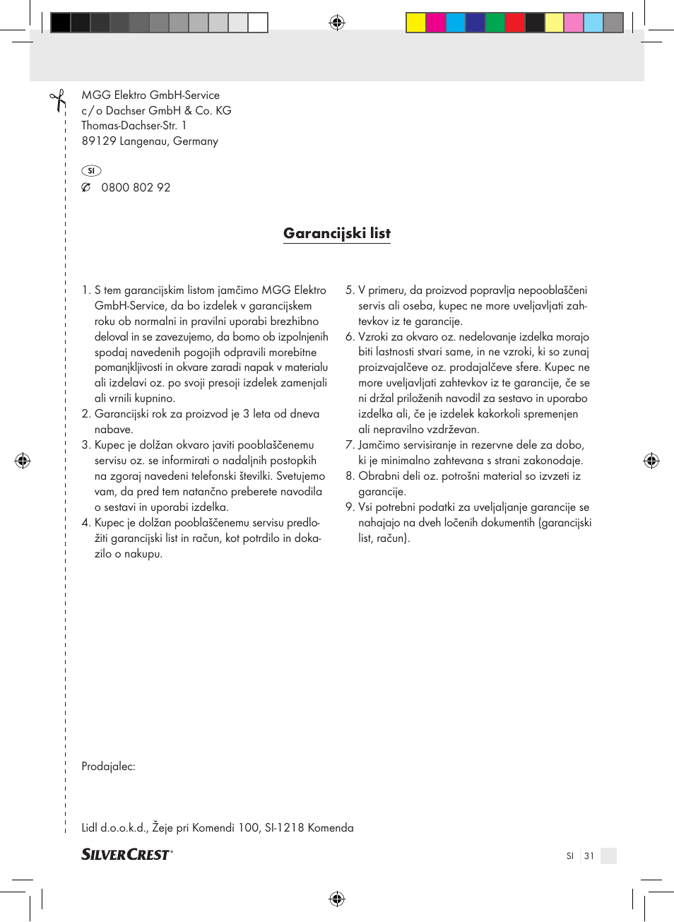 Garancijski list | Silvercrest SSMK 40 B2 User Manual | Page 31 / 57