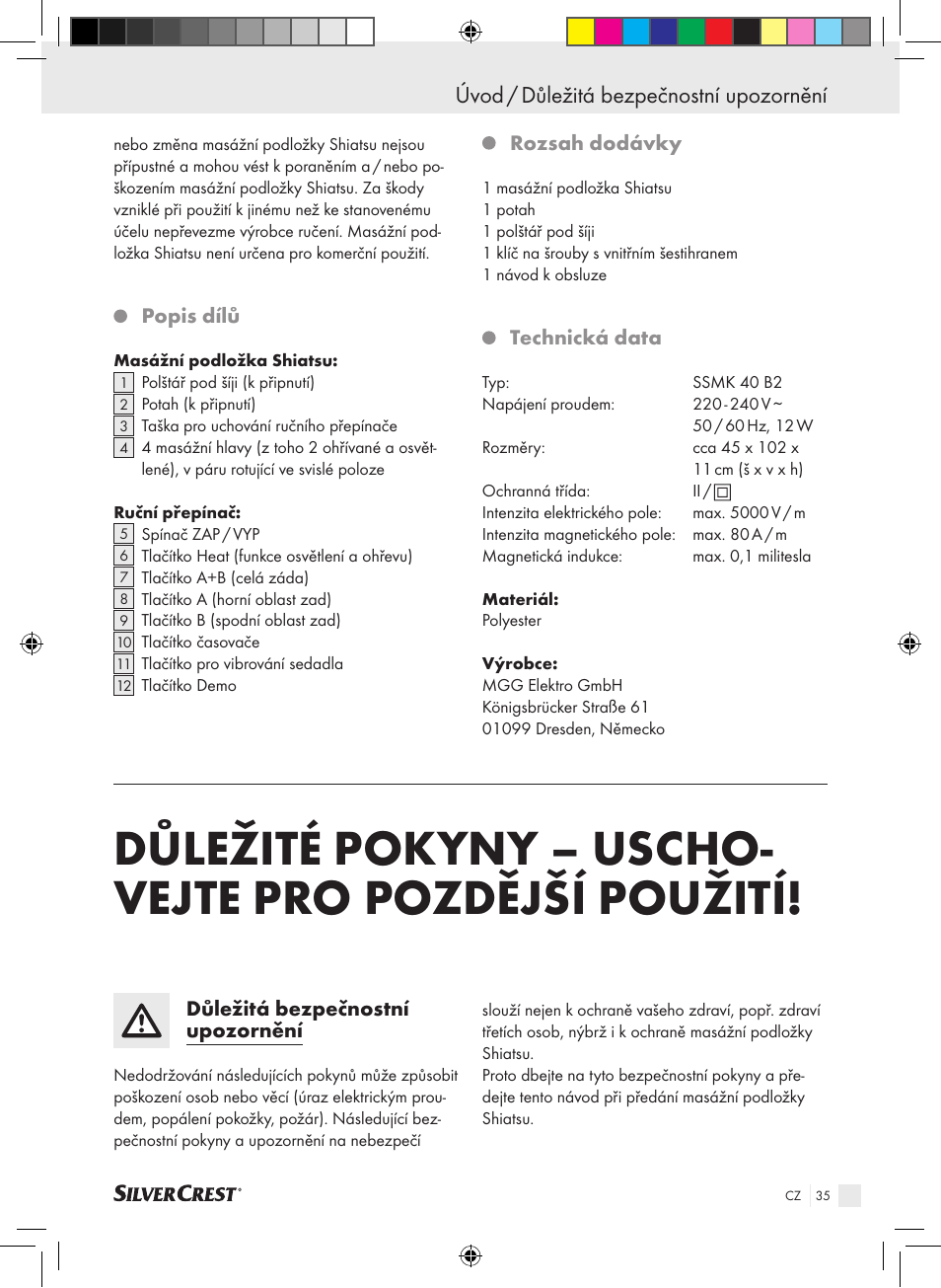 Úvod / důležitá bezpečnostní upozornění | Silvercrest SSMK 40 B2 User Manual | Page 35 / 57