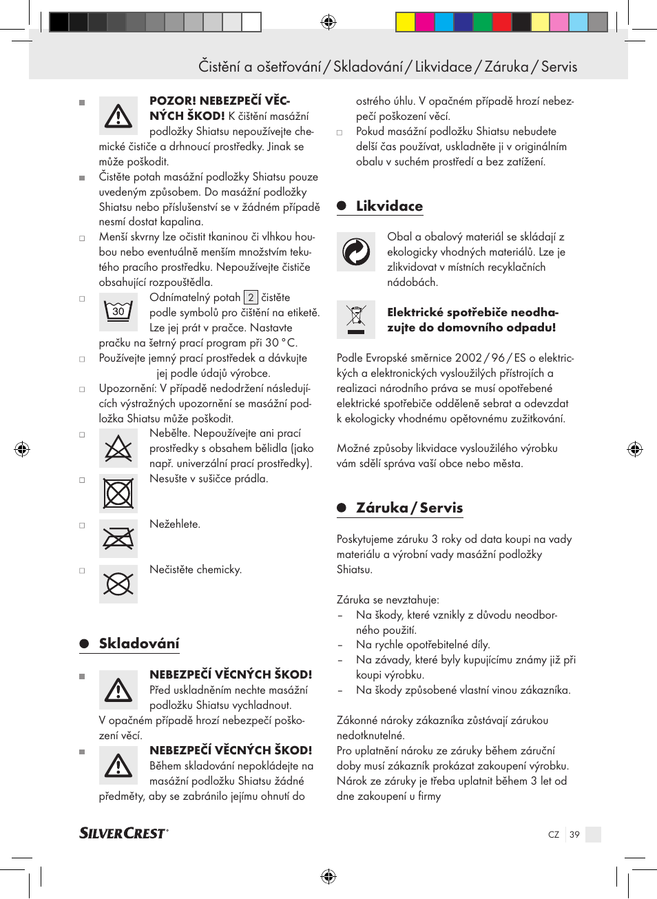 Skladování, Likvidace, Záruka / servis | Silvercrest SSMK 40 B2 User Manual | Page 39 / 57