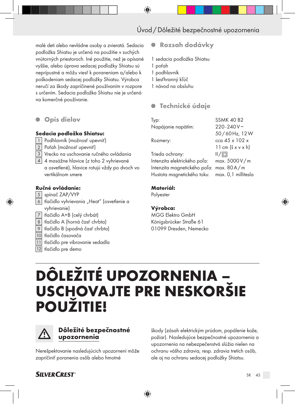 Úvod / dôležité bezpečnostné upozornenia | Silvercrest SSMK 40 B2 User Manual | Page 43 / 57