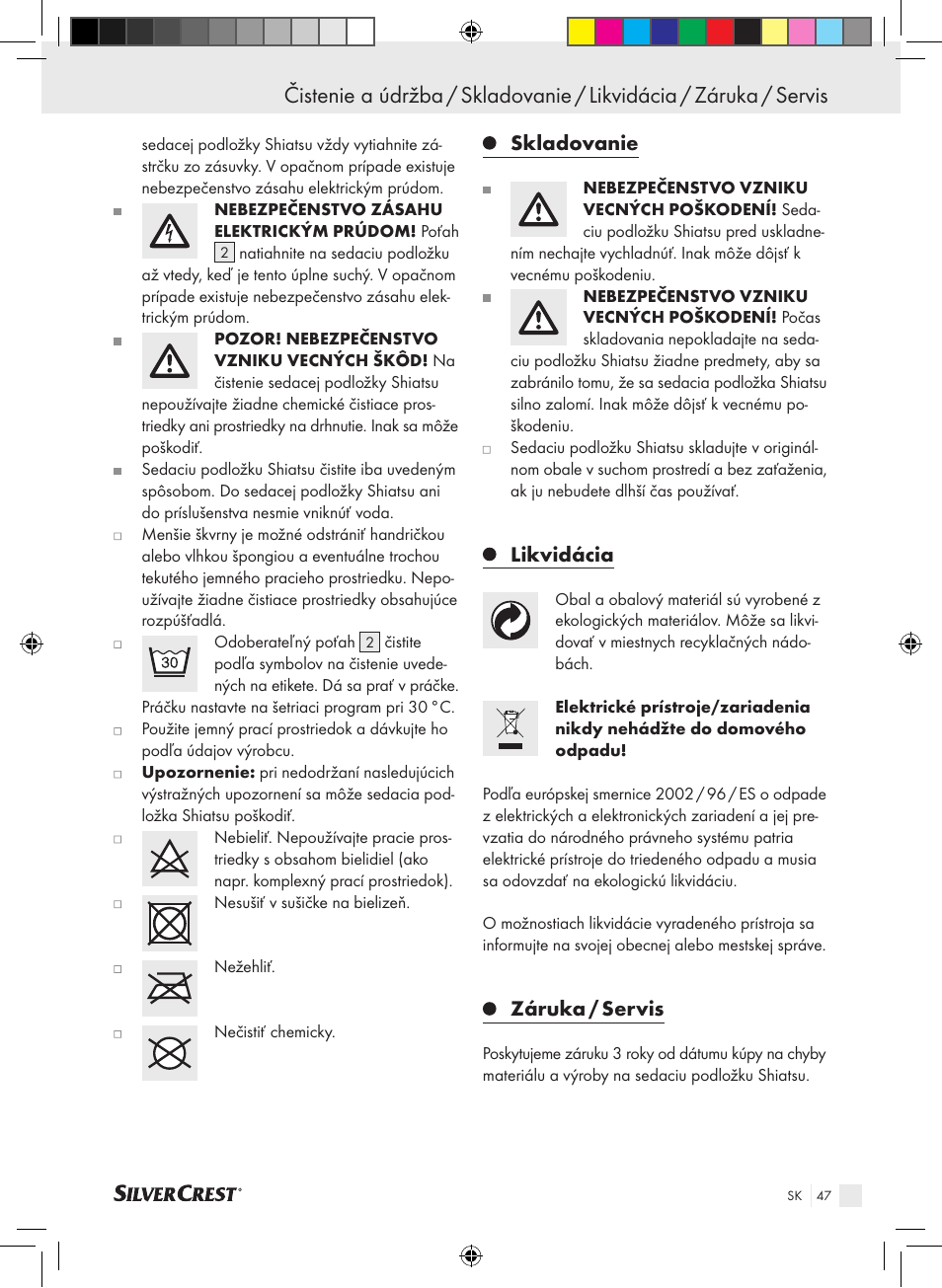 Skladovanie, Likvidácia, Záruka / servis | Silvercrest SSMK 40 B2 User Manual | Page 47 / 57