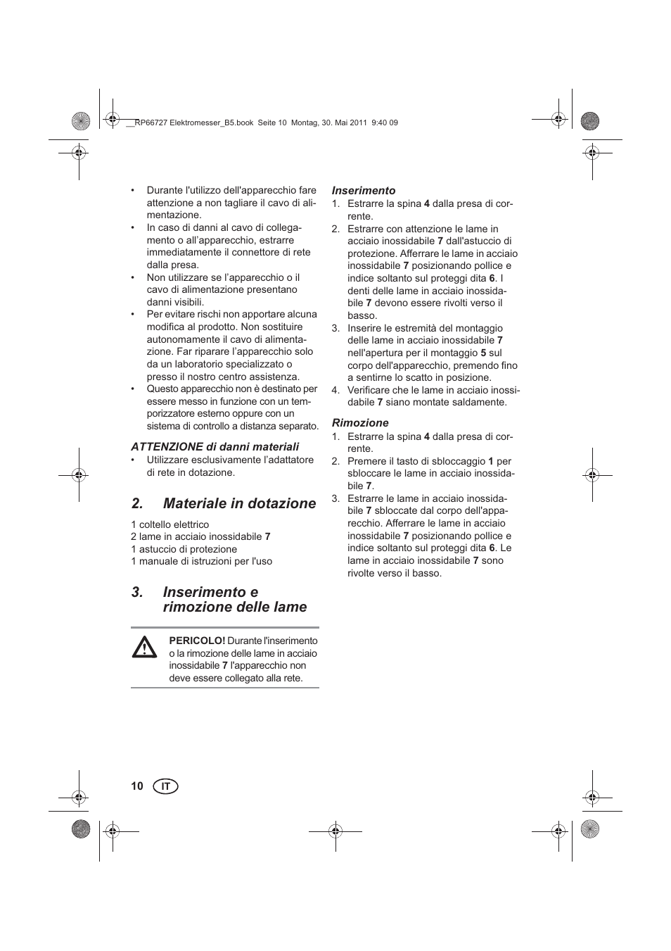 Materiale in dotazione, Inserimento e rimozione delle lame | Silvercrest SEM 250 A1 User Manual | Page 12 / 34
